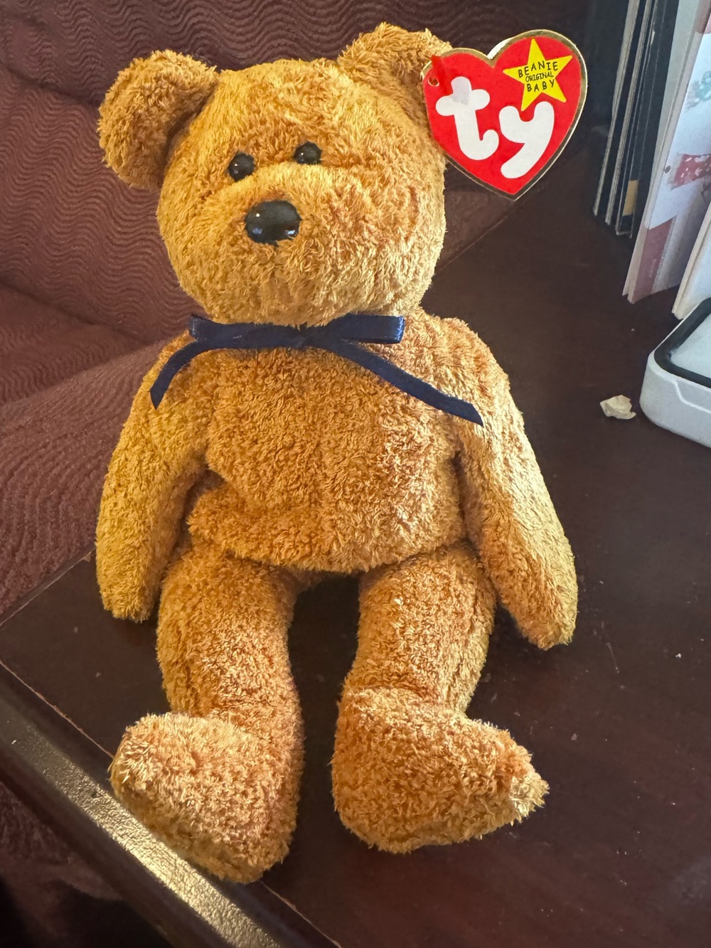 Ty Plush Teddy Bear in Golden Brown with Navy Ribbon